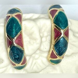 Vintage Teal Green Blue Red Enamel Diamond Pattern Gold Half Hoop Post Earrings